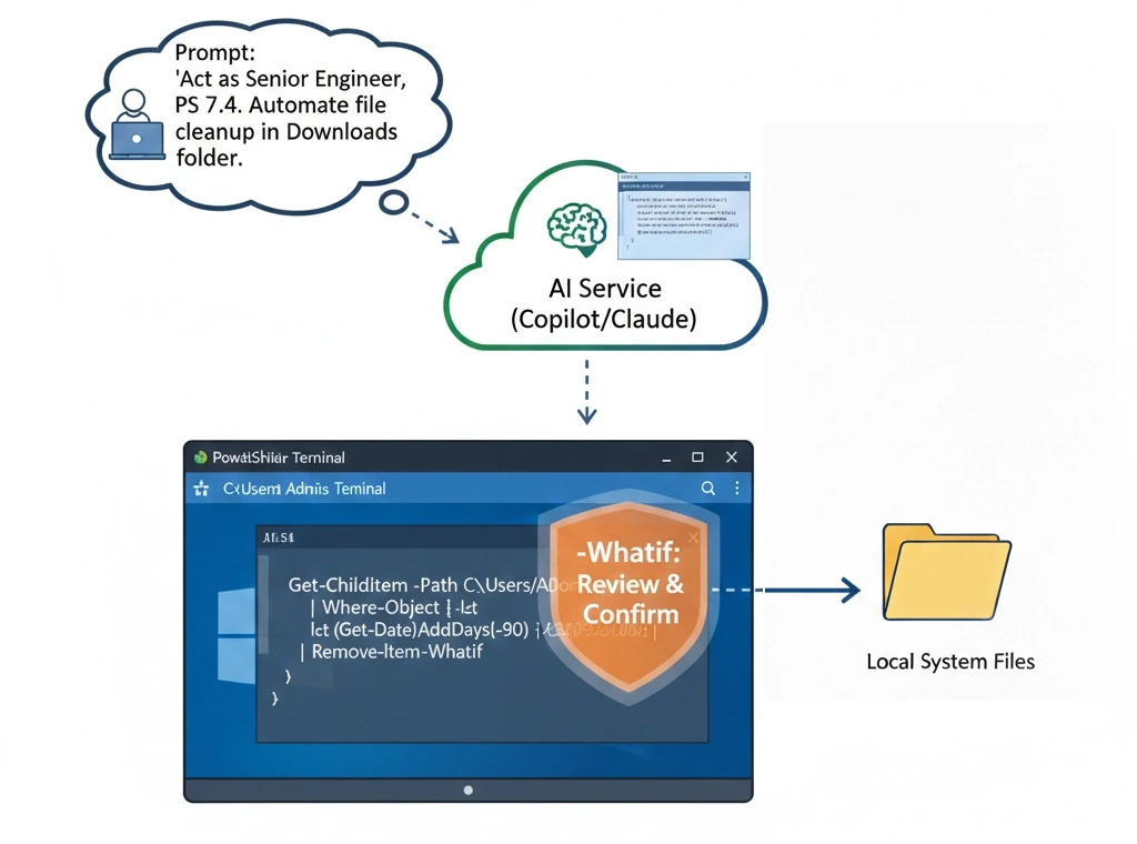 PowerShell AI workflow showing how AI-generated scripts should always be reviewed with -WhatIf before running.